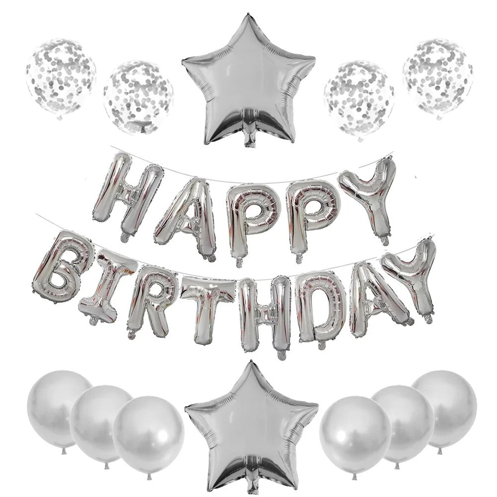 Set 25 de Baloane din Folie Metalizata si Latex, ANGELBEAR, Figurine 2 Stele, 4 Baloane Confetti, 13 Litere, 6 Latex, Model Happy Birthday, Tema Aniversare, 40 cm, Ambalaj Individual, Pai Inclus, Umflare cu Aer sau Heliu, Argintiu